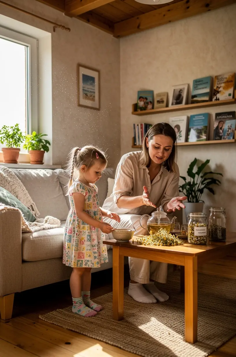 Sveikos gyvensenos žurnalas atvertas šalia arbatos puodelio ant stalo su mediniais akcentais.