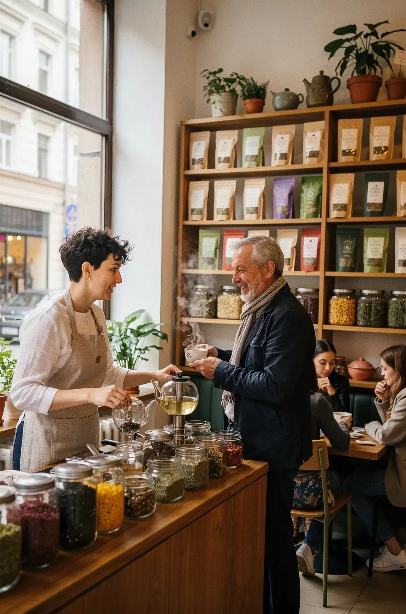 Rinkinio vaizdas su skirtingų žolelių arbatų maišeliais ir informaciniu lapu apie jų naudą ramumui.