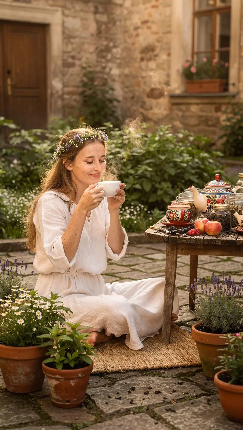 Arbatos puodelis ant medinio stalo šalia natūralių žolelių rinkinio ir knygos apie sveikatingumą.