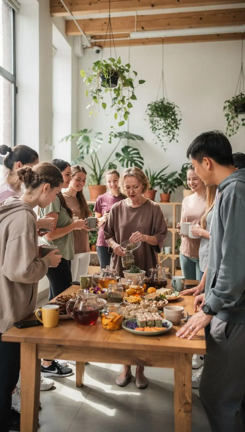 Ramus kambarys su žvakių šviesa, arbatos puodeliu ir meditacijos pagalbinėmis priemonėmis.